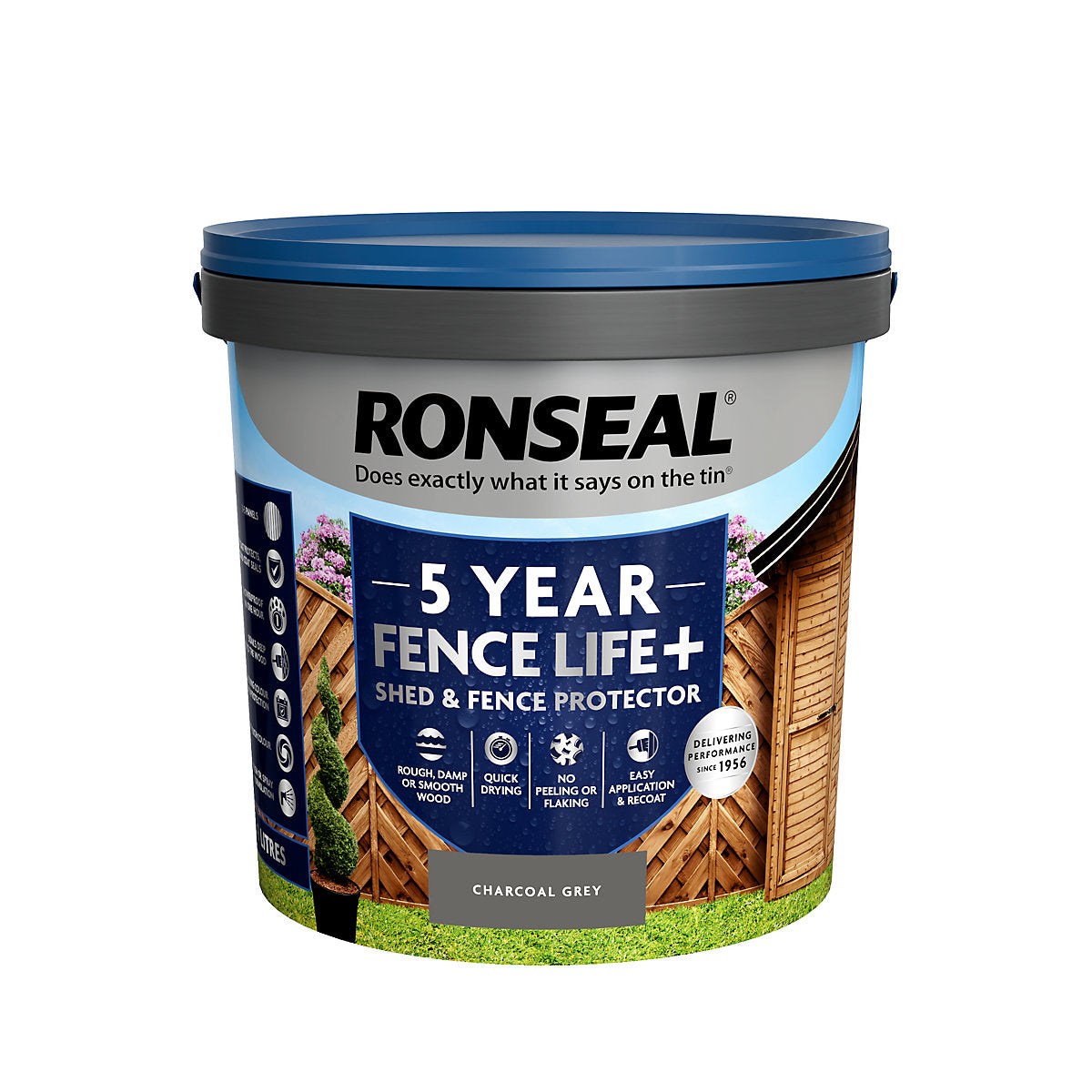 Ronseal 5 Year Fence Life+ Charcoal grey Matt Exterior Shed & fence Protector Wood paint, 9L Tub