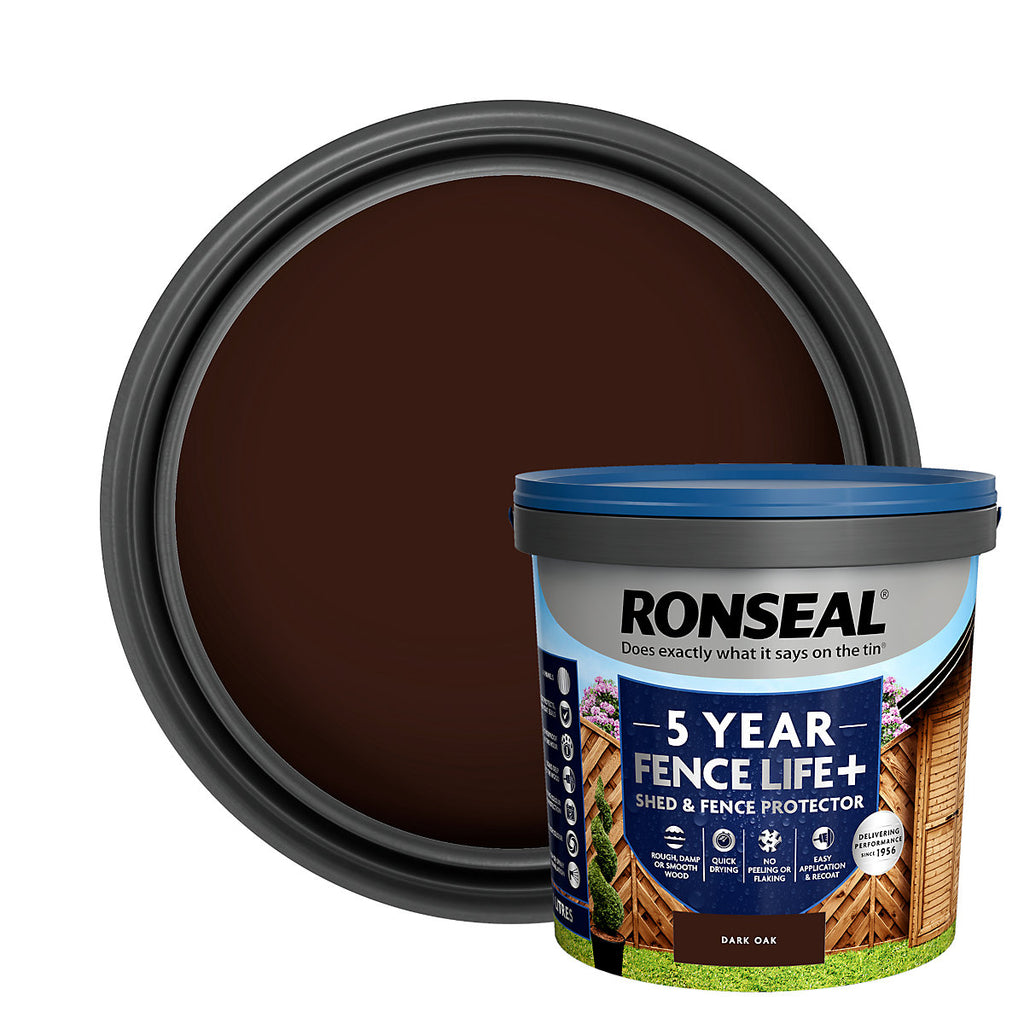 Ronseal 5 Year Fence Life+ Dark oak Matt Exterior Shed & fence Protector Wood paint, 9L Tub