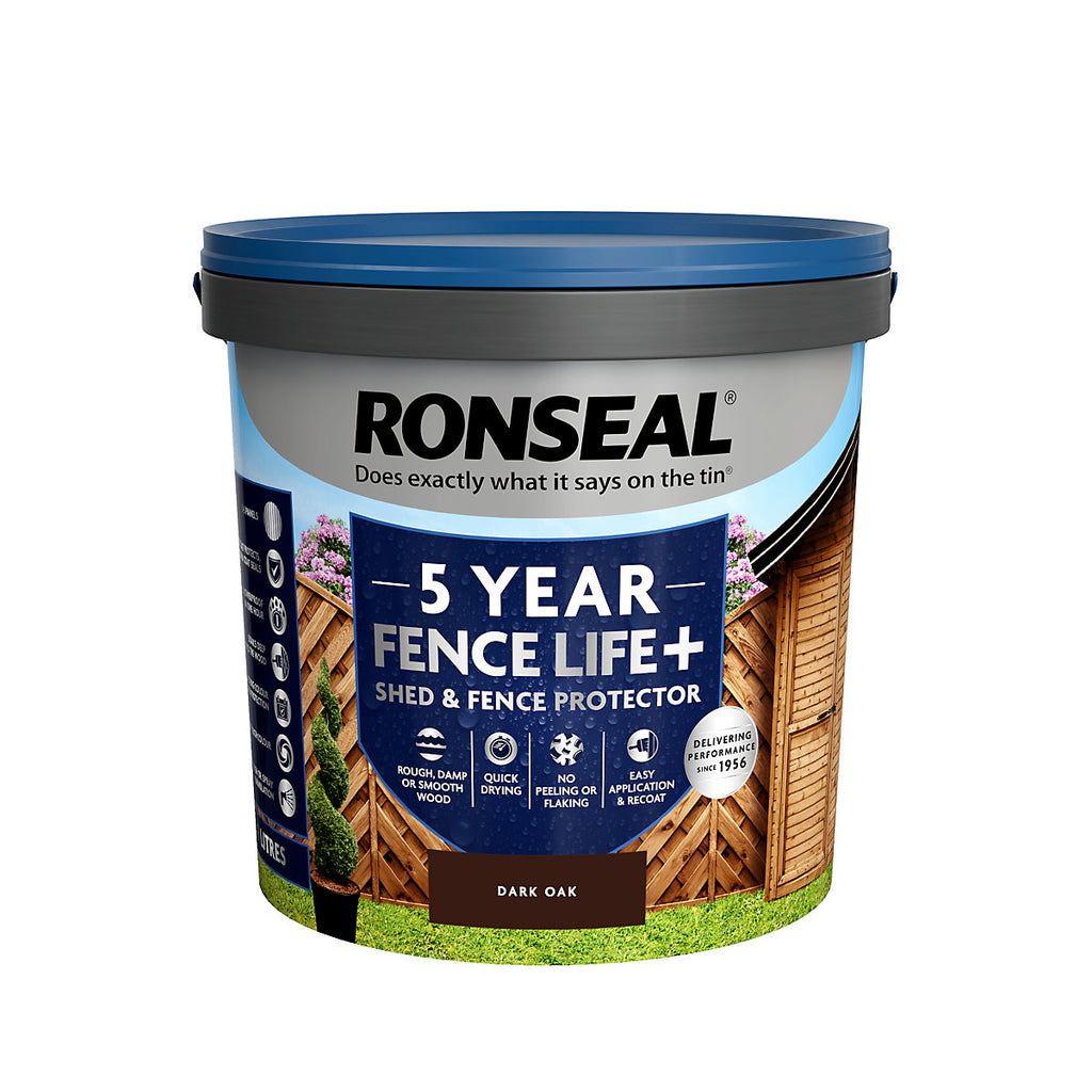Ronseal 5 Year Fence Life+ Dark oak Matt Exterior Shed & fence Protector Wood paint, 9L Tub