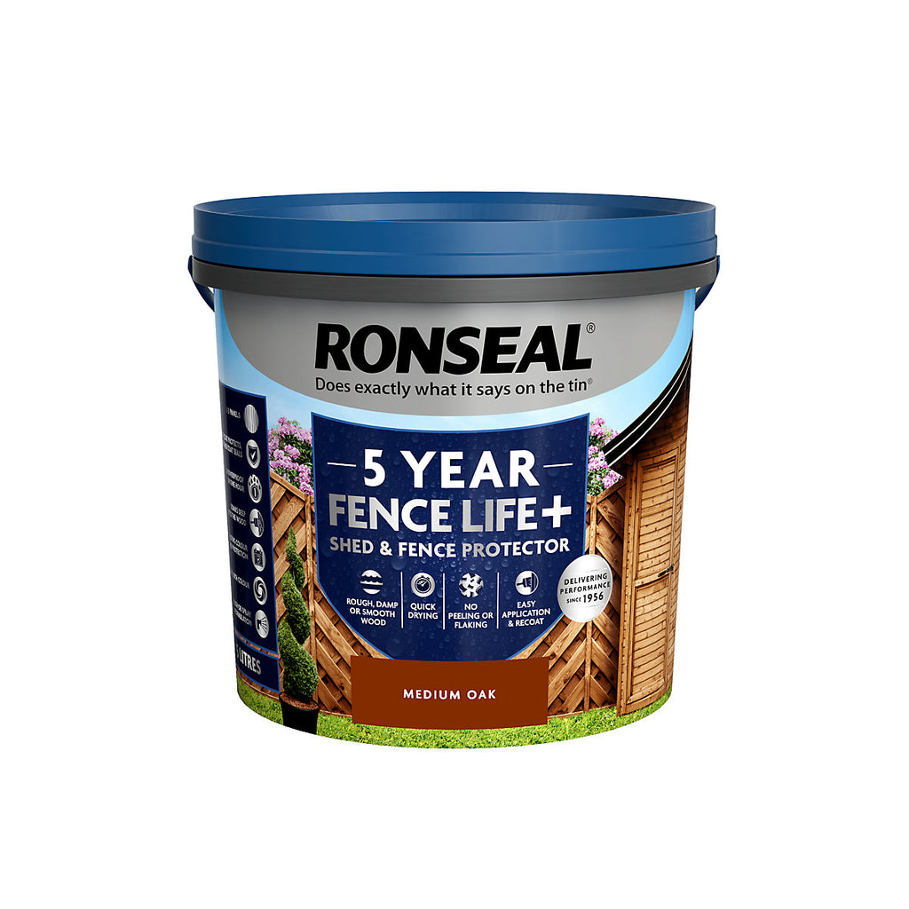 Ronseal 5 Year Fence Life+ Medium oak Matt Exterior Shed & fence Protector Wood paint, 5L Tub
