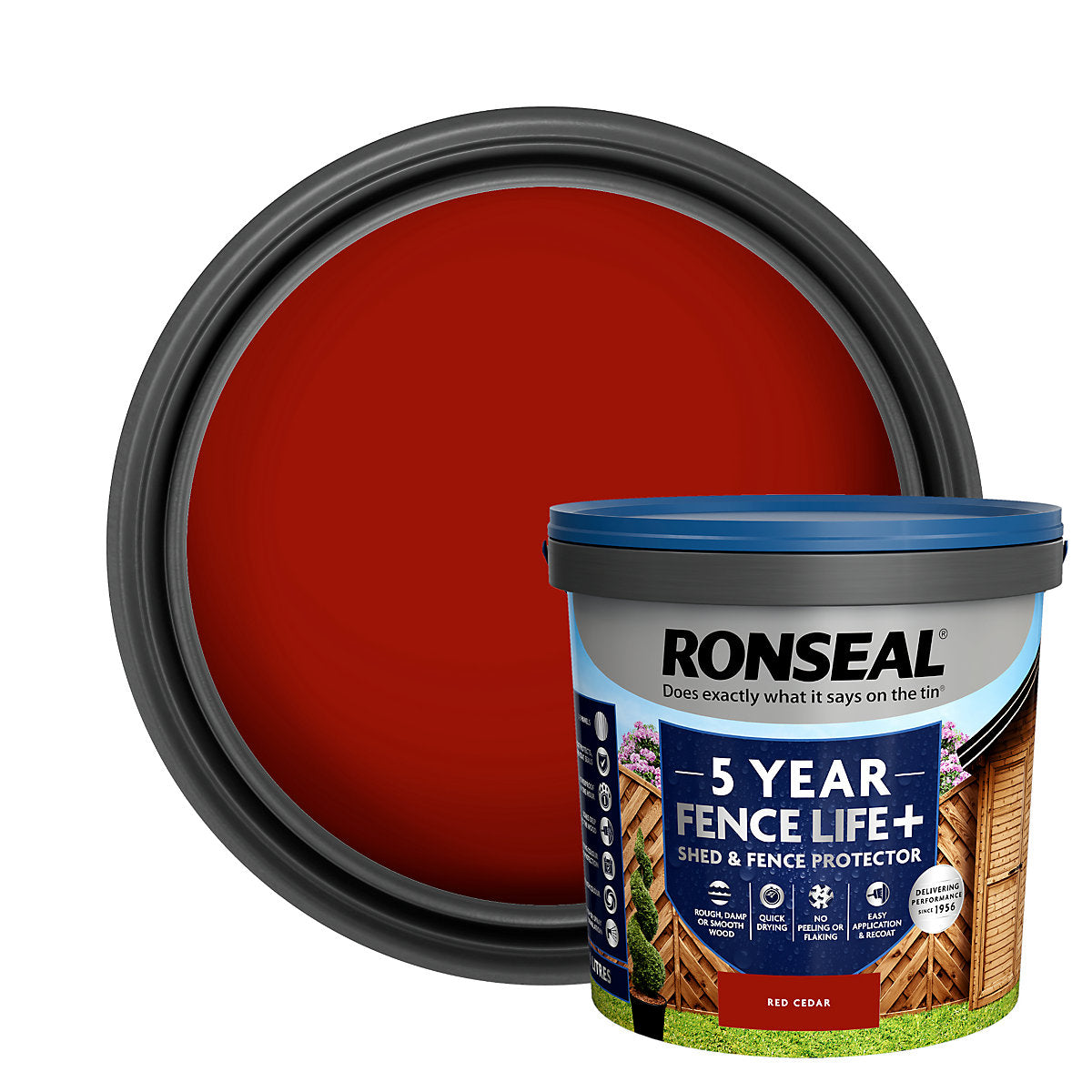 Ronseal 5 Year Fence Life+ Red cedar Matt Exterior Shed & fence Protector Wood paint, 9L Tub