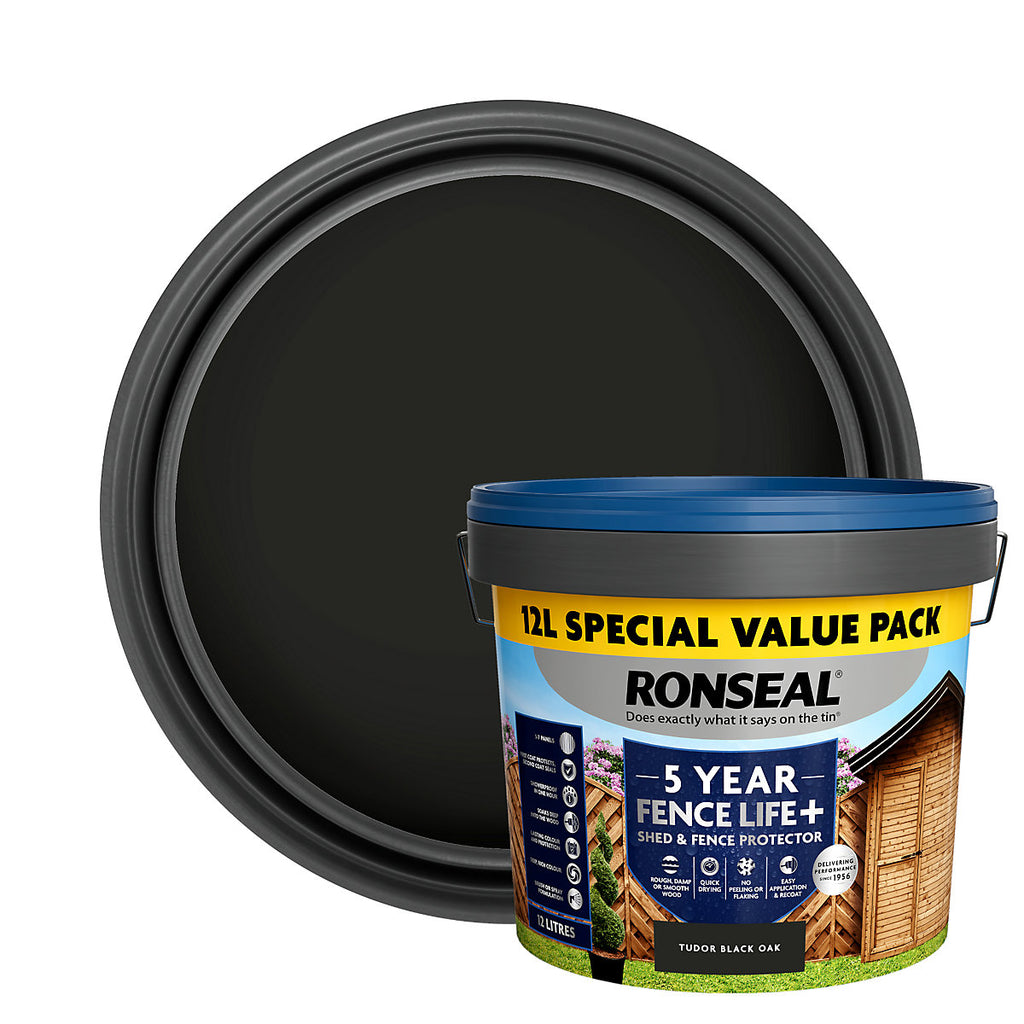Ronseal 5 Year Fence Life+ Tudor black oak Matt Exterior Shed & fence Protector Wood paint, 12L Tub