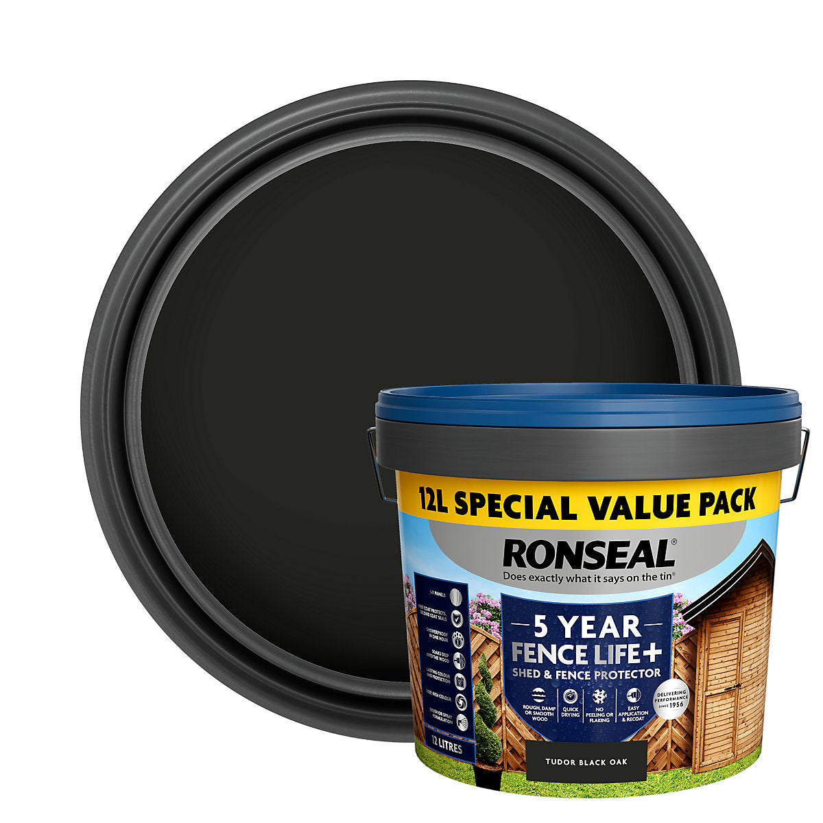 Ronseal 5 Year Fence Life+ Tudor black oak Matt Exterior Shed & fence Protector Wood paint, 12L Tub