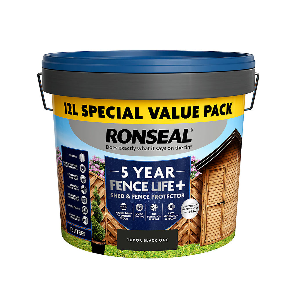 Ronseal 5 Year Fence Life+ Tudor black oak Matt Exterior Shed & fence Protector Wood paint, 12L Tub