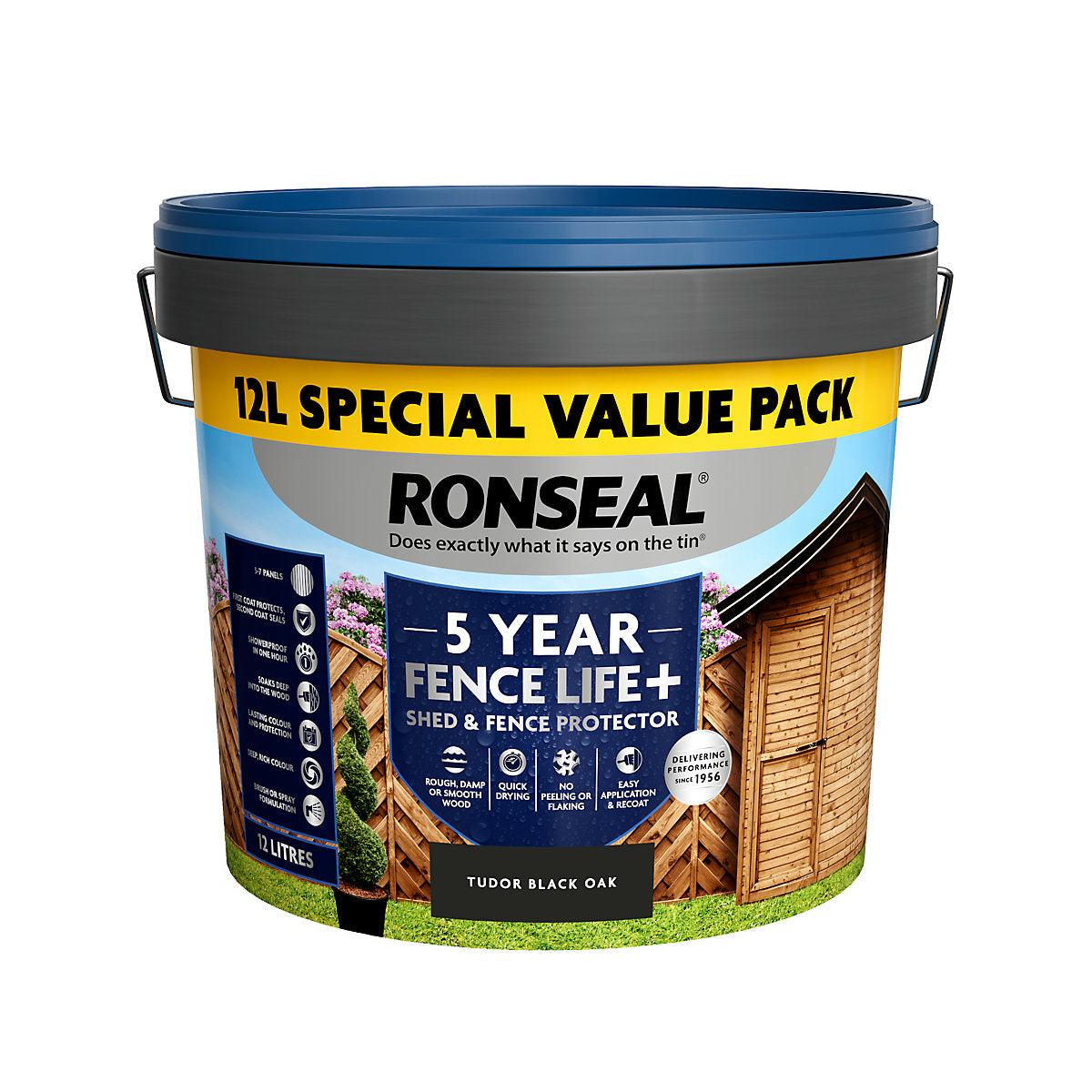 Ronseal 5 Year Fence Life+ Tudor black oak Matt Exterior Shed & fence Protector Wood paint, 12L Tub