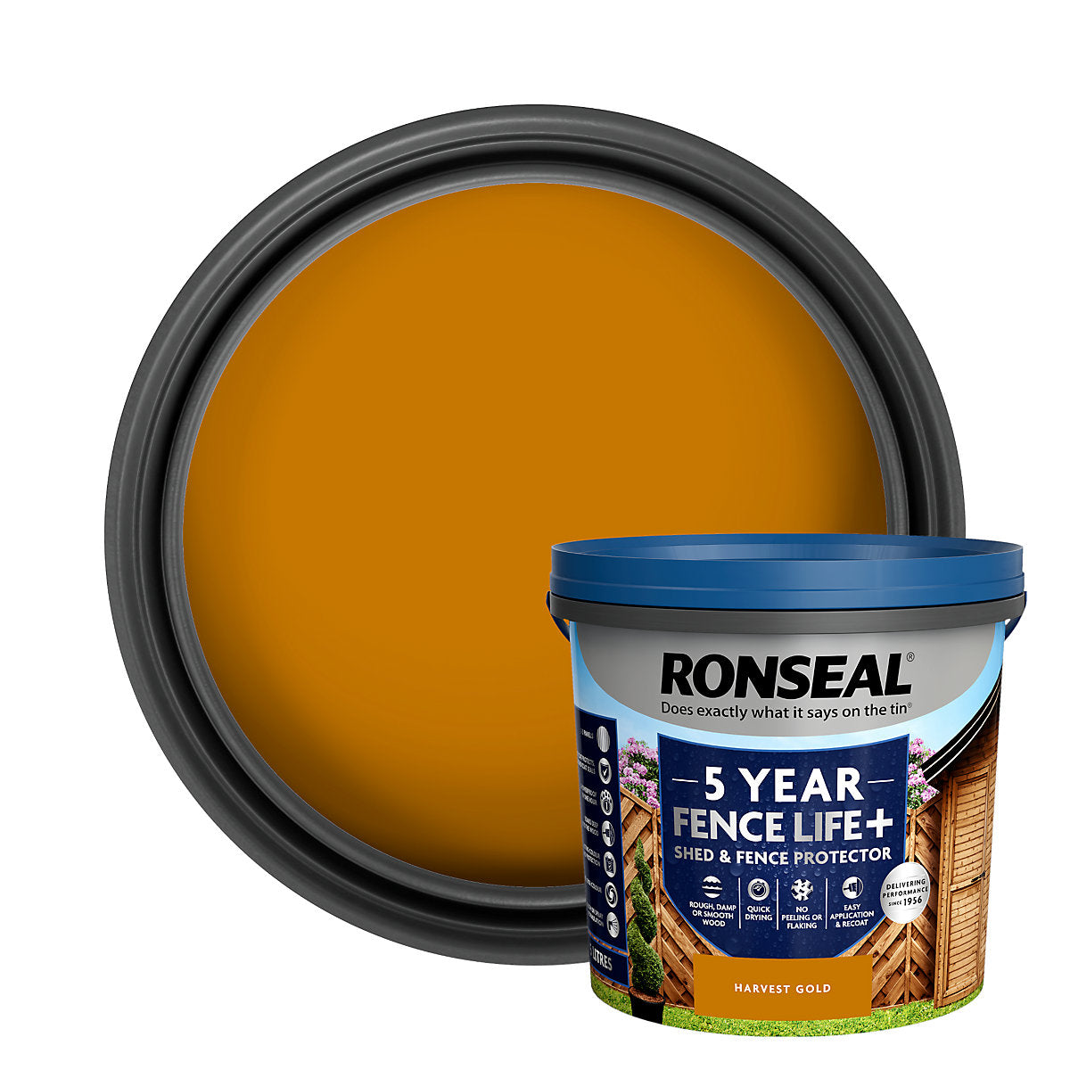 Ronseal Fence Life Plus Harvest gold Matt Exterior Fence & shed Wood paint, 5L Tub