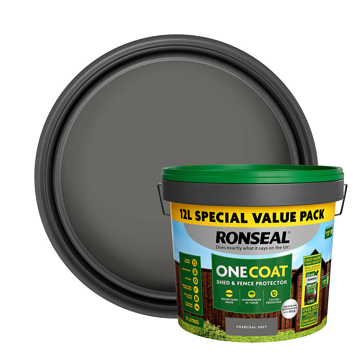 Ronseal One Coat Charcoal Grey Matt Exterior Shed & fence Protector Wood paint, 12L Tub