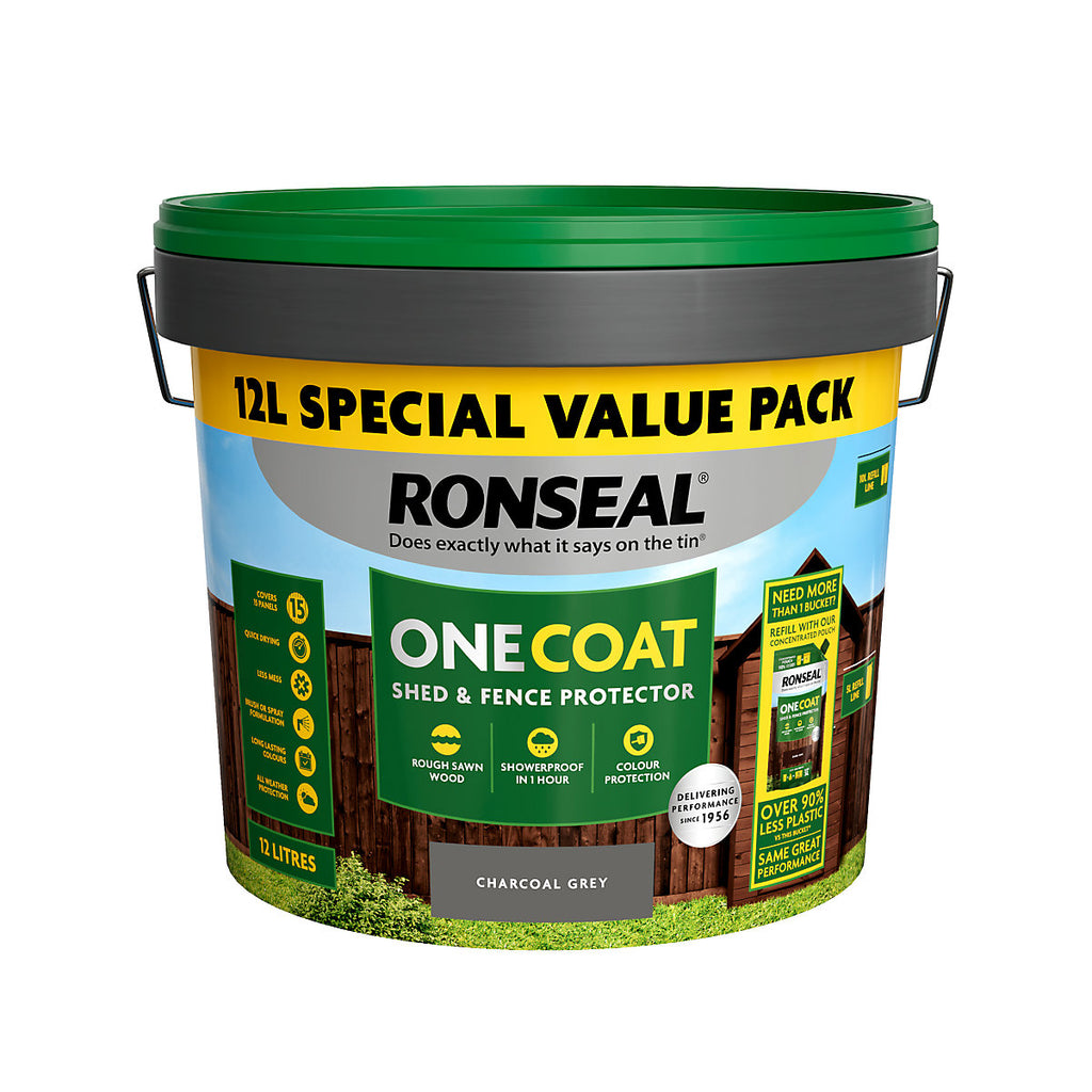 Ronseal One Coat Charcoal Grey Matt Exterior Shed & fence Protector Wood paint, 12L Tub