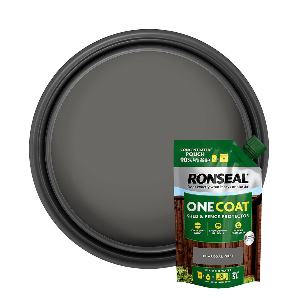 Ronseal One Coat Charcoal Grey Matt Medium base Exterior Shed & fence Protector Wood paint, 950ml Pouch - 5L Refill Concentrate