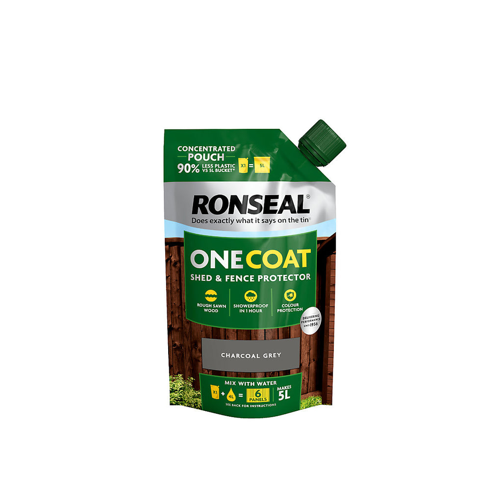 Ronseal One Coat Charcoal Grey Matt Medium base Exterior Shed & fence Protector Wood paint, 950ml Pouch - 5L Refill Concentrate