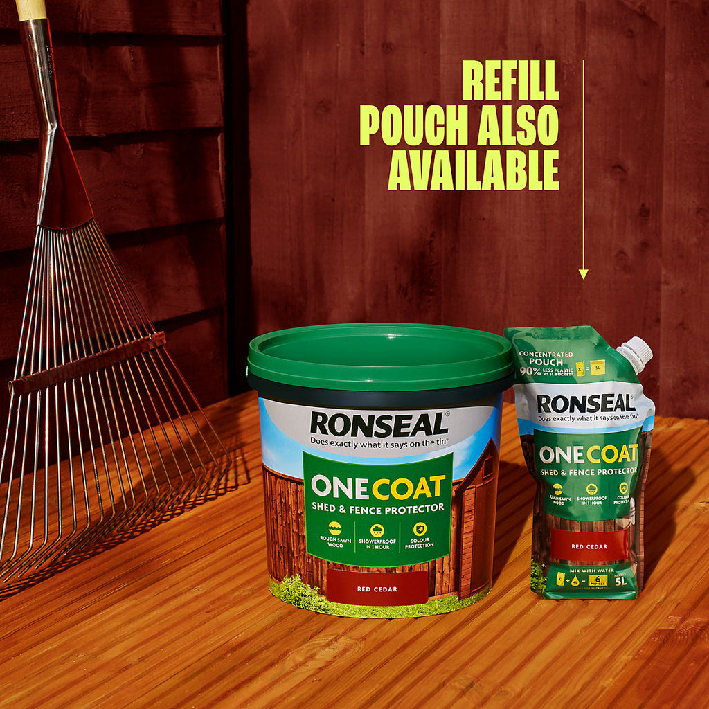 Ronseal One Coat Red Cedar Matt Medium base Exterior Shed & fence Protector Wood paint, 5L Tub