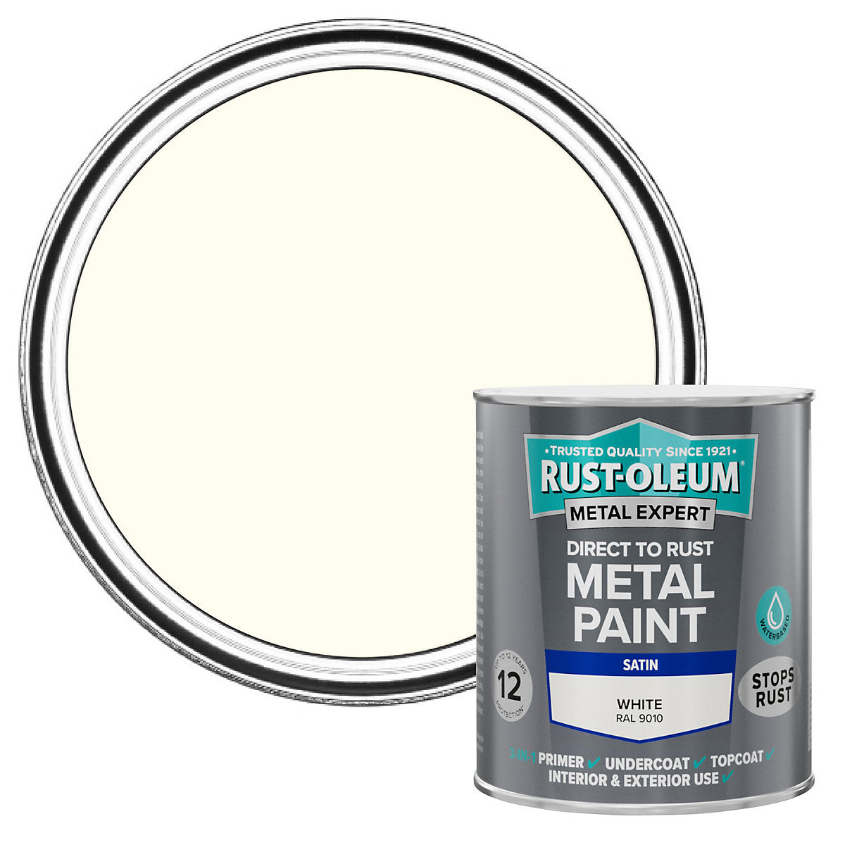 Rust-Oleum Metal Expert White Satin Multi-surface Topcoat Paint, 750ml Tin