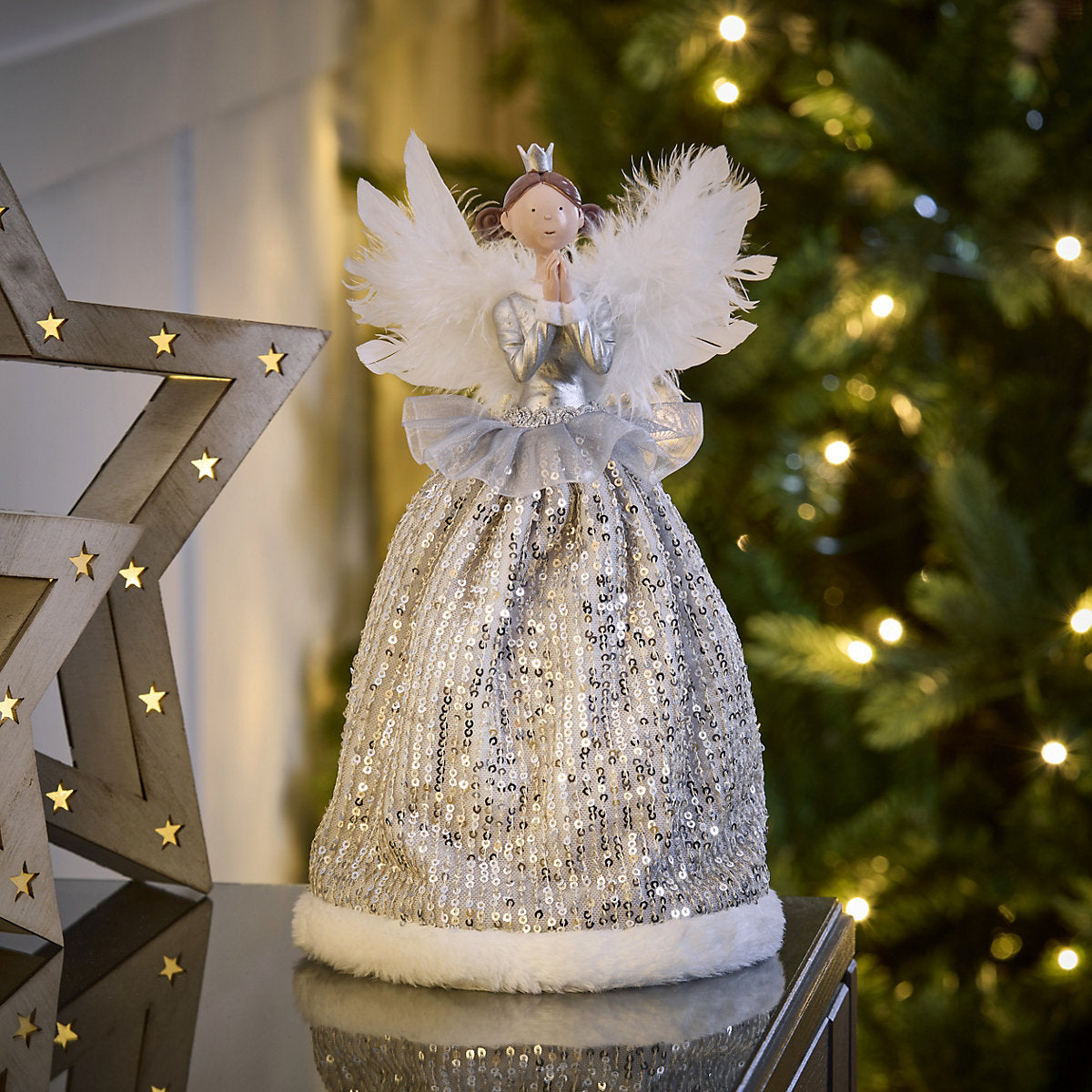 Silver Angel with crown Christmas tree topper