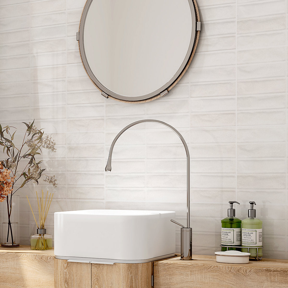 Sirene Off white Gloss Textured Ceramic Indoor Wall tile, Pack of 8, (L)605mm (W)305mm