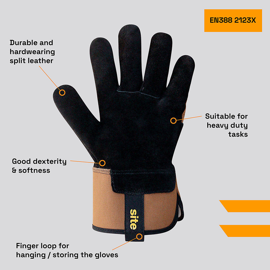 Site Cotton, leather & polyester Secure handling gloves Black & brown, Large