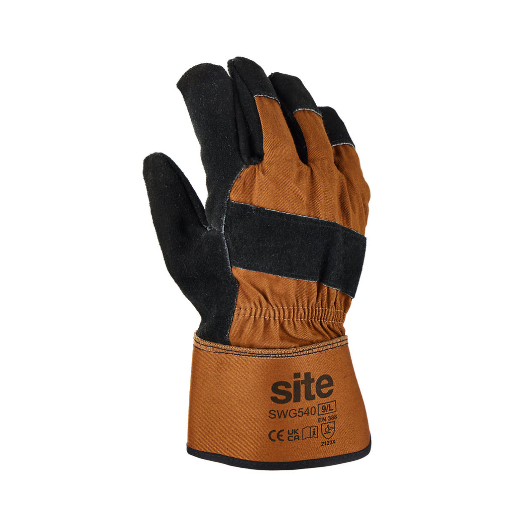 Site Cotton, leather & polyester Secure handling gloves Black & brown, Large