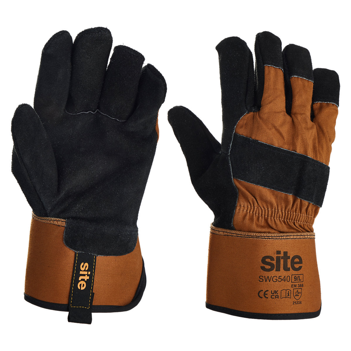 Site Cotton, leather & polyester Secure handling gloves Black & brown, Large