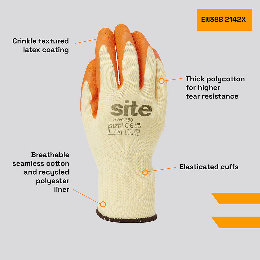 Site Latex & polycotton Orange & yellow Builder's gloves Large, 1 Pair