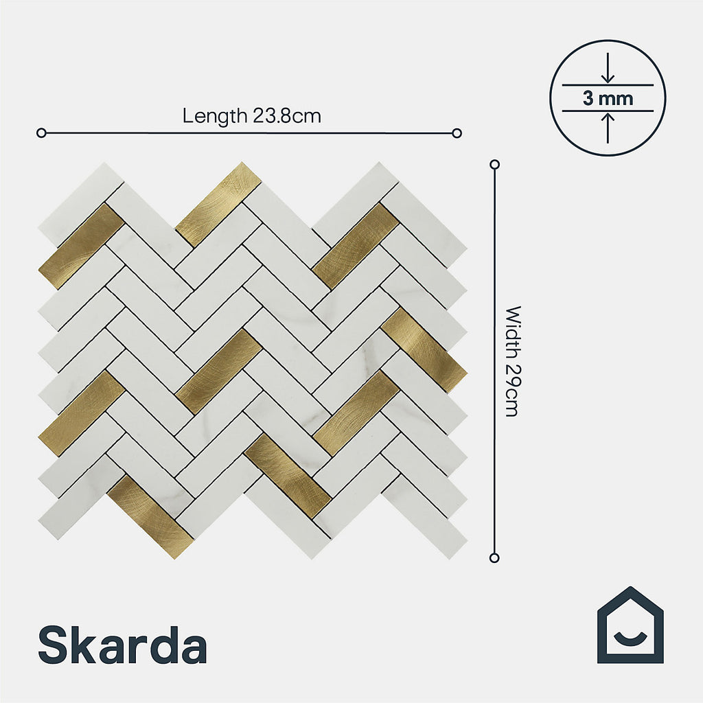 Skarda White & Gold Matt Marble effect Chevron Aluminium & PVC Self-adhesive Mosaic tile, (L)238mm (W)290mm