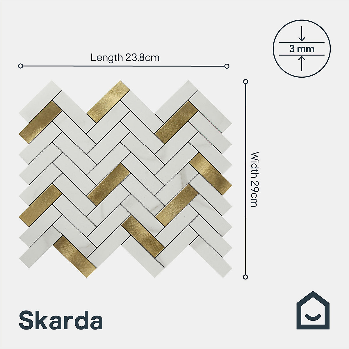Skarda White & Gold Matt Marble effect Chevron Aluminium & PVC Self-adhesive Mosaic tile, (L)238mm (W)290mm
