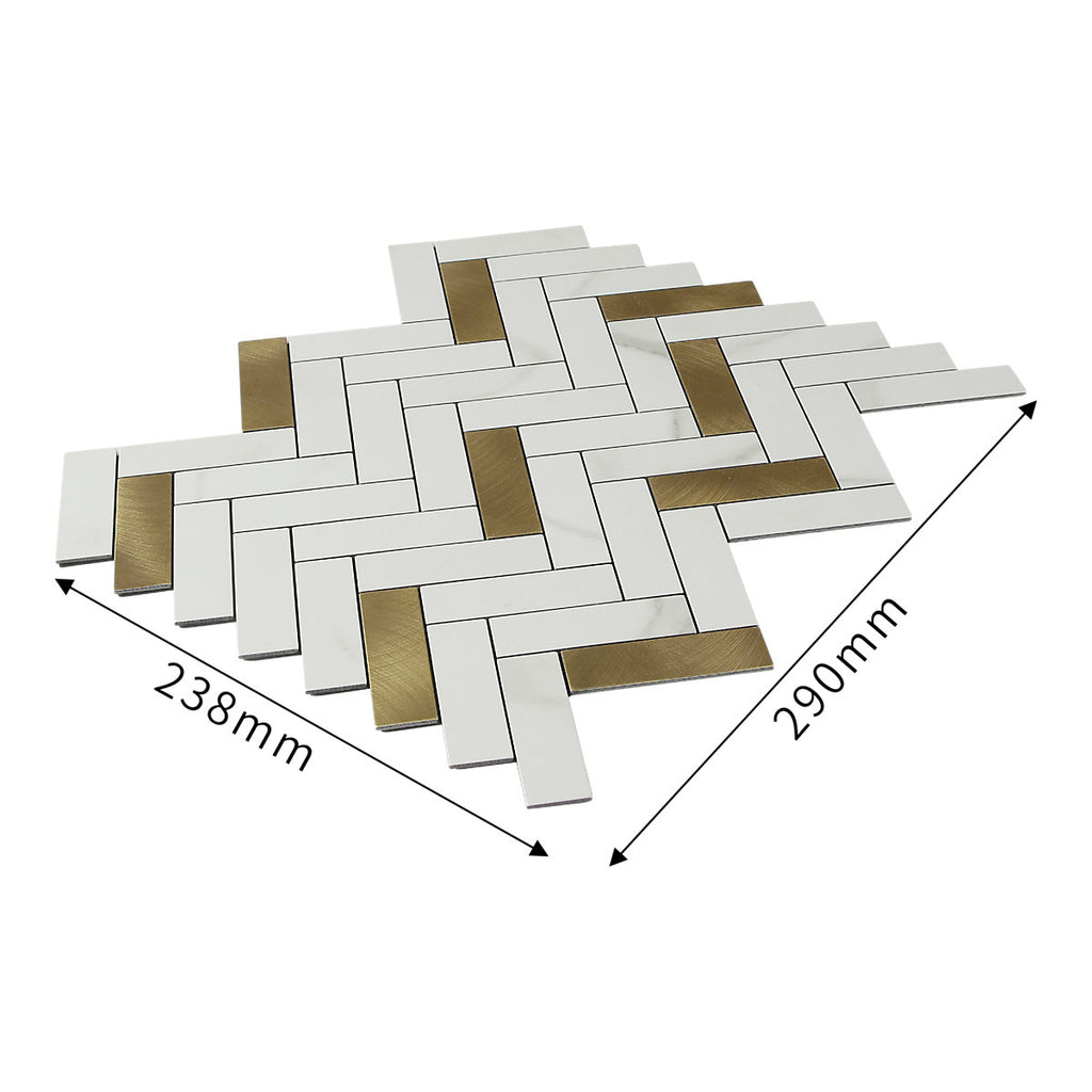 Skarda White & Gold Matt Marble effect Chevron Aluminium & PVC Self-adhesive Mosaic tile, (L)238mm (W)290mm