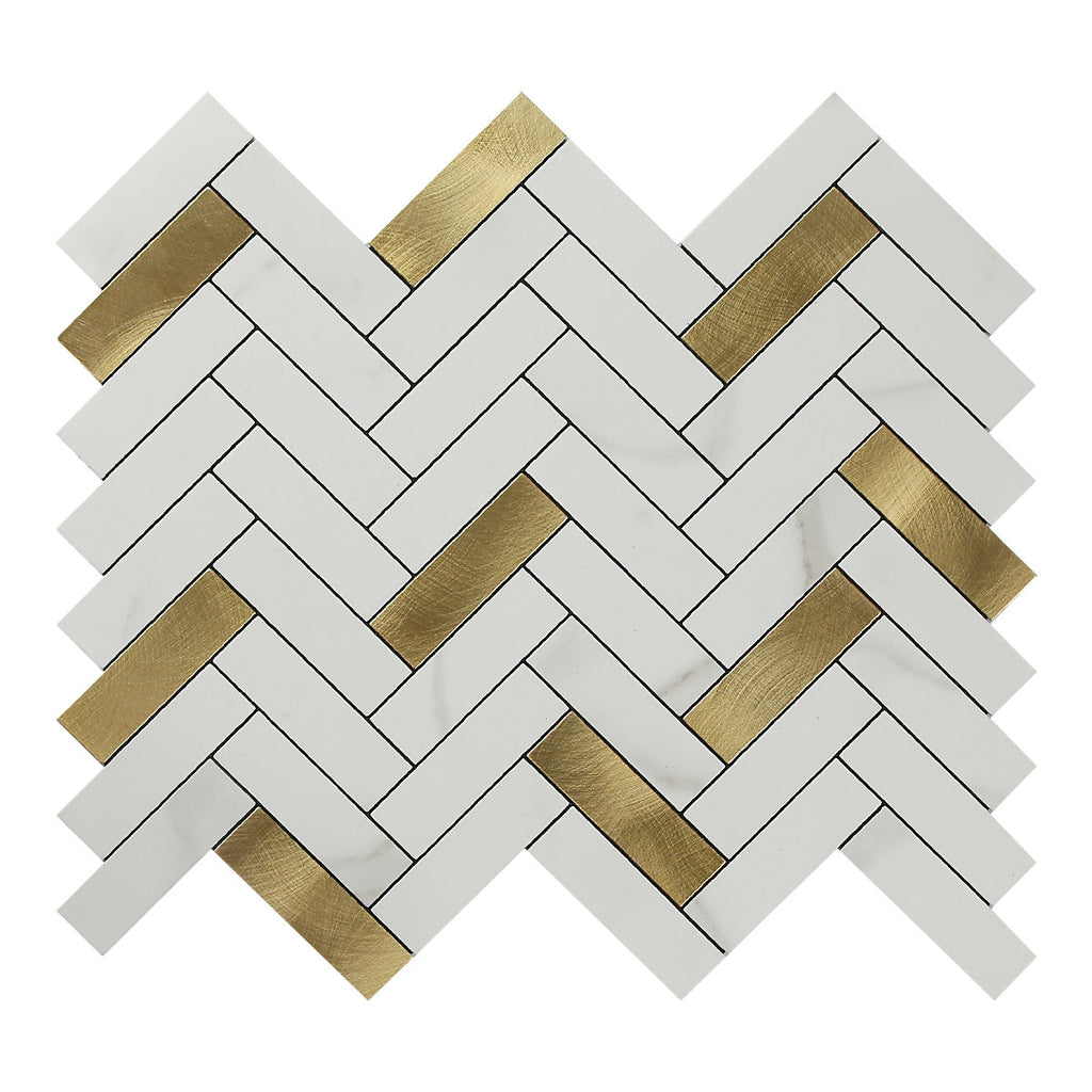 Skarda White & Gold Matt Marble effect Chevron Aluminium & PVC Self-adhesive Mosaic tile, (L)238mm (W)290mm