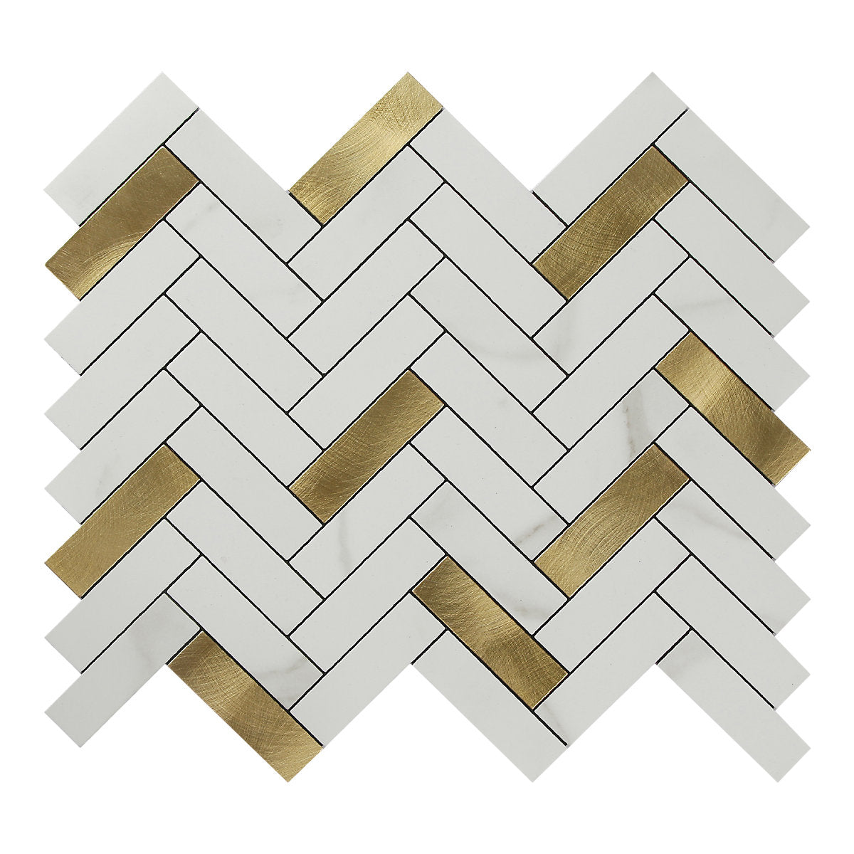 Skarda White & Gold Matt Marble effect Chevron Aluminium & PVC Self-adhesive Mosaic tile, (L)238mm (W)290mm