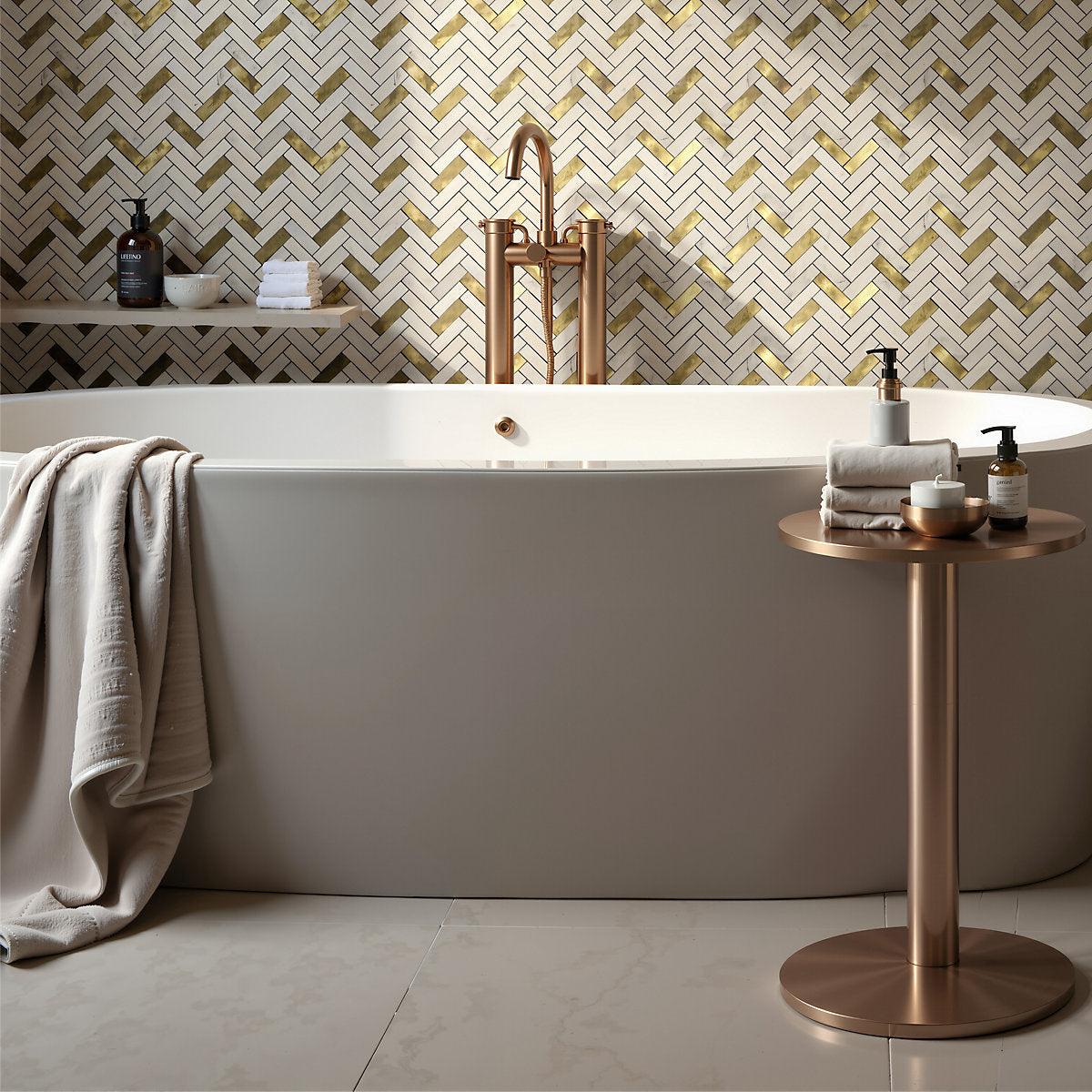 Skarda White & Gold Matt Marble effect Chevron Aluminium & PVC Self-adhesive Mosaic tile, (L)238mm (W)290mm