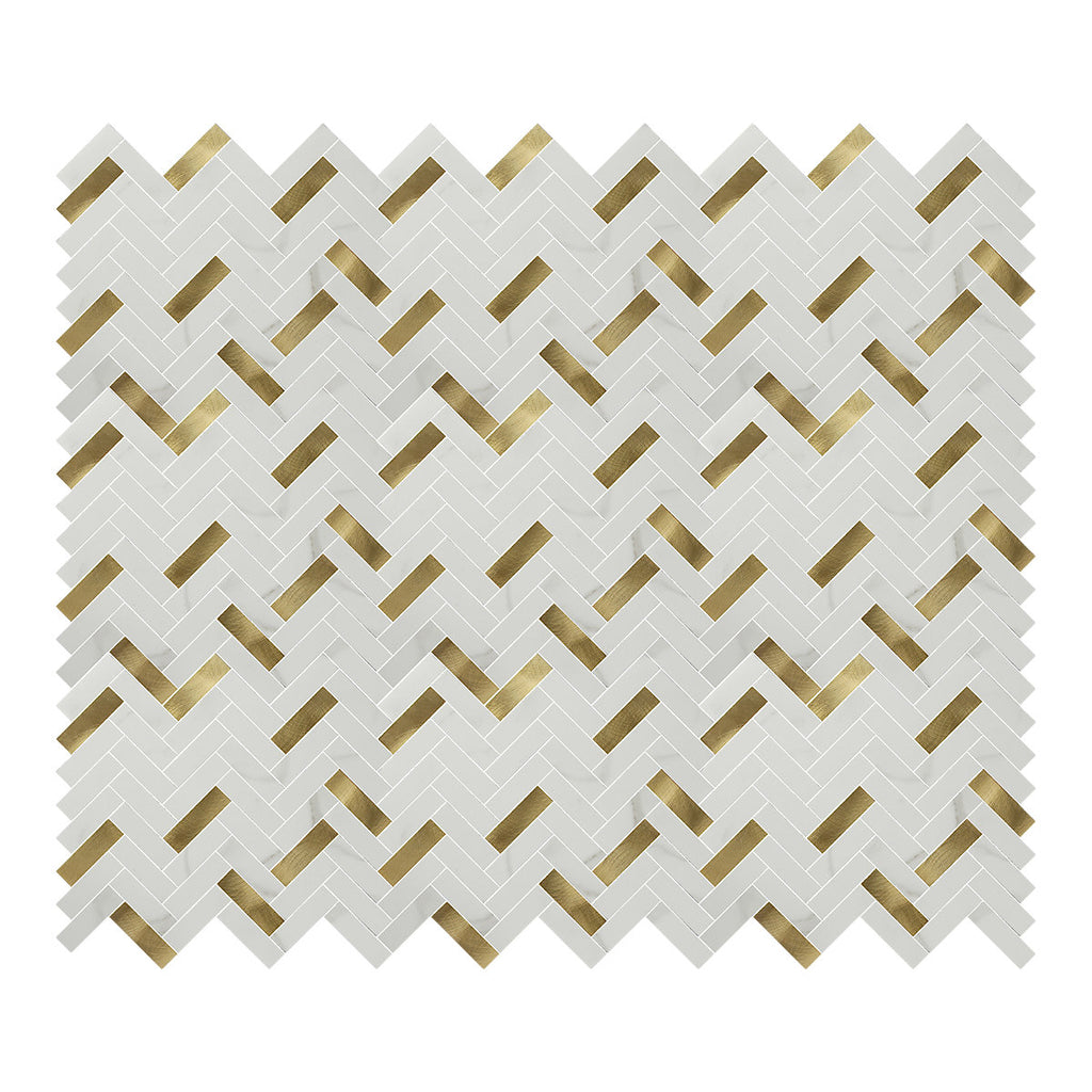 Skarda White & Gold Matt Marble effect Chevron Aluminium & PVC Self-adhesive Mosaic tile, (L)238mm (W)290mm