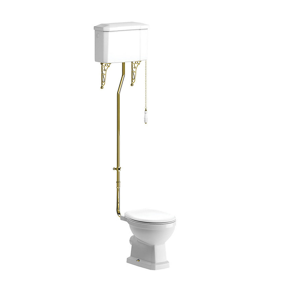 * Somerton White Boxed rim Open back Toilet set with Soft close seat & High level cistern - Brass effect Flush Kit