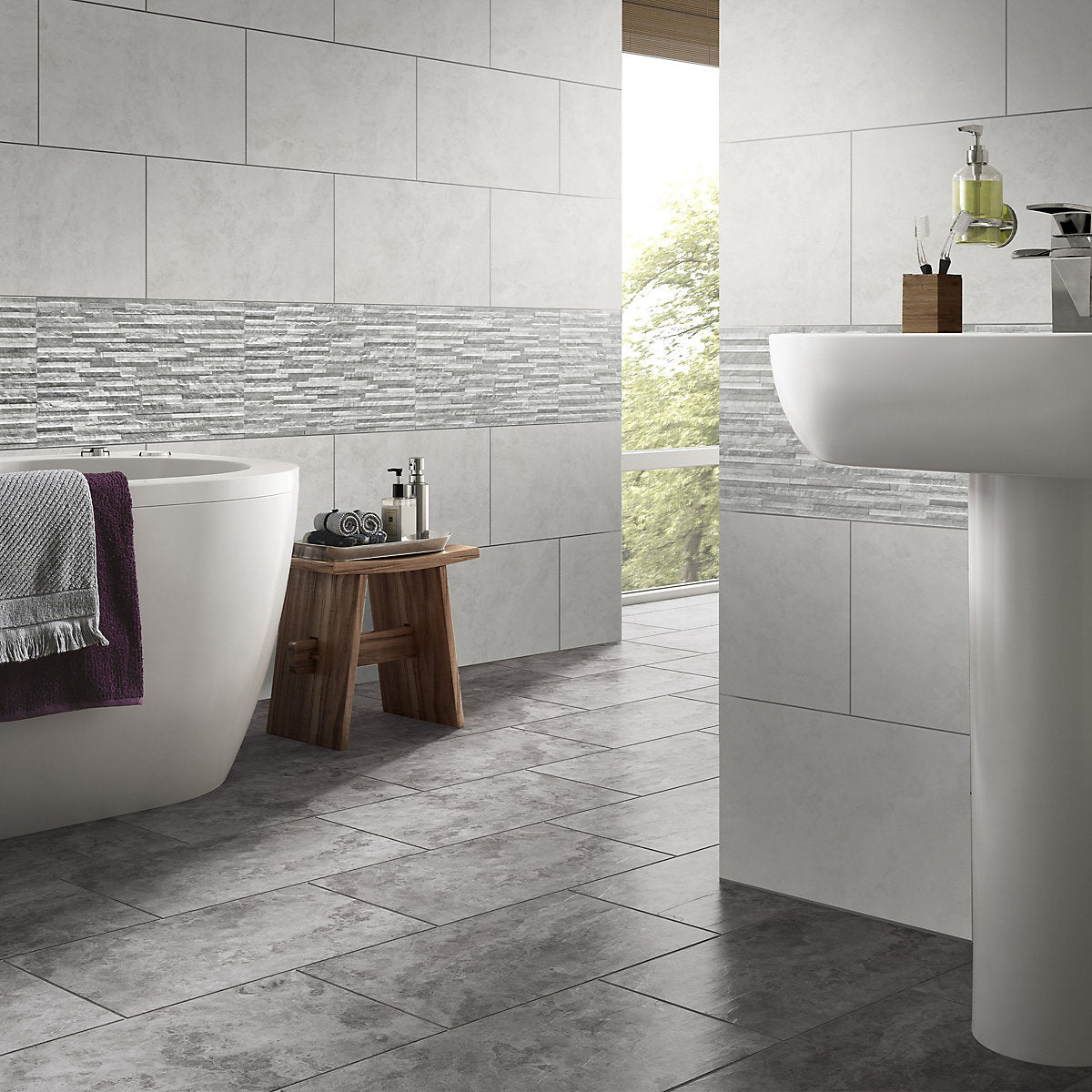 Troy Oscano Grey mix Matt Splitface Stone effect Textured Ceramic Indoor Wall Tile, Pack of 6, (L)300mm (W)600mm