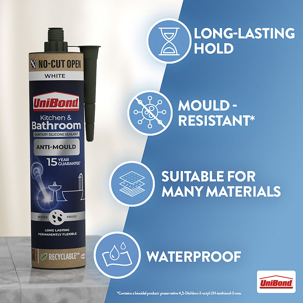 UniBond Sanitary silicone sealant White Silicone-based Bathroom & kitchen Cartridge Sealant, 280ml
