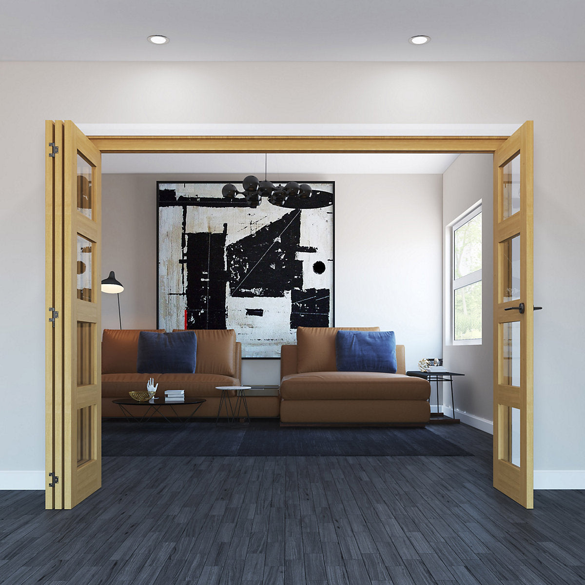 Vertical Plain Clear Glazed Shaker Unfinished White oak effect Timber Internal Folding Door set, (H)2060mm (W)2369mm
