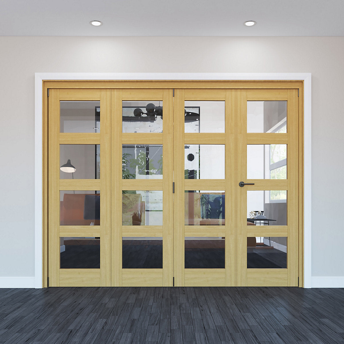 Vertical Plain Clear Glazed Shaker Unfinished White oak effect Timber Internal Folding Door set, (H)2060mm (W)2369mm