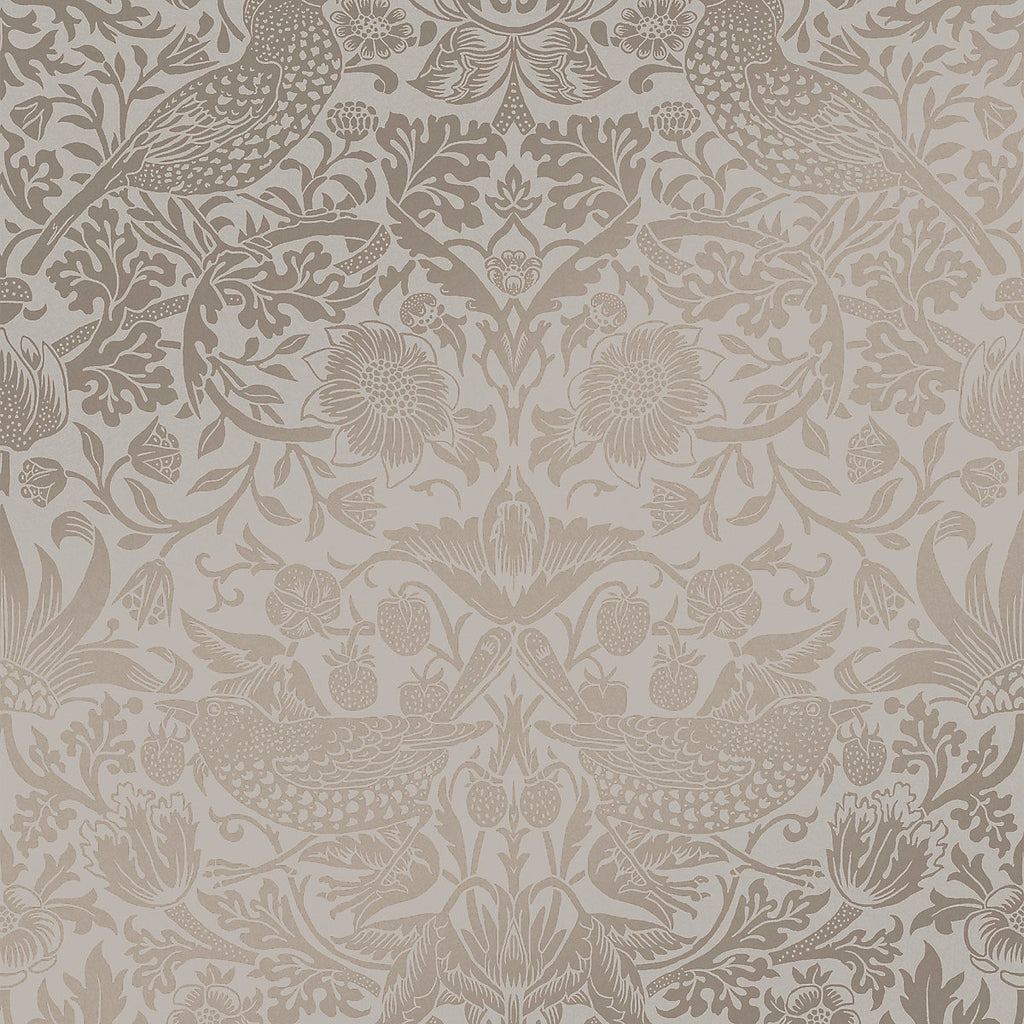 William Morris Gallery Collection Fibrous Neutral Strawberry Thief Metallic effect Smooth Wallpaper