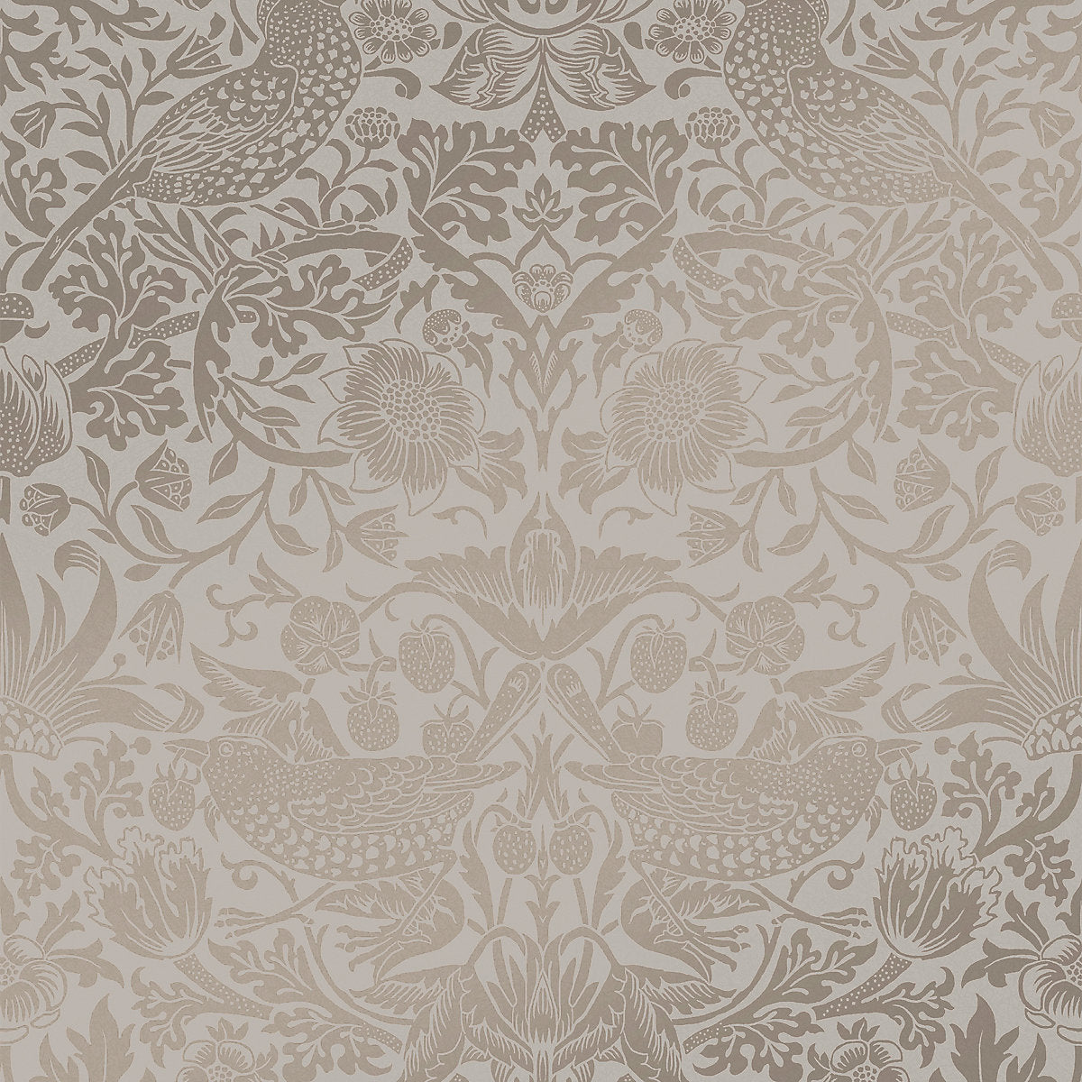 William Morris Gallery Collection Fibrous Neutral Strawberry Thief Metallic effect Smooth Wallpaper