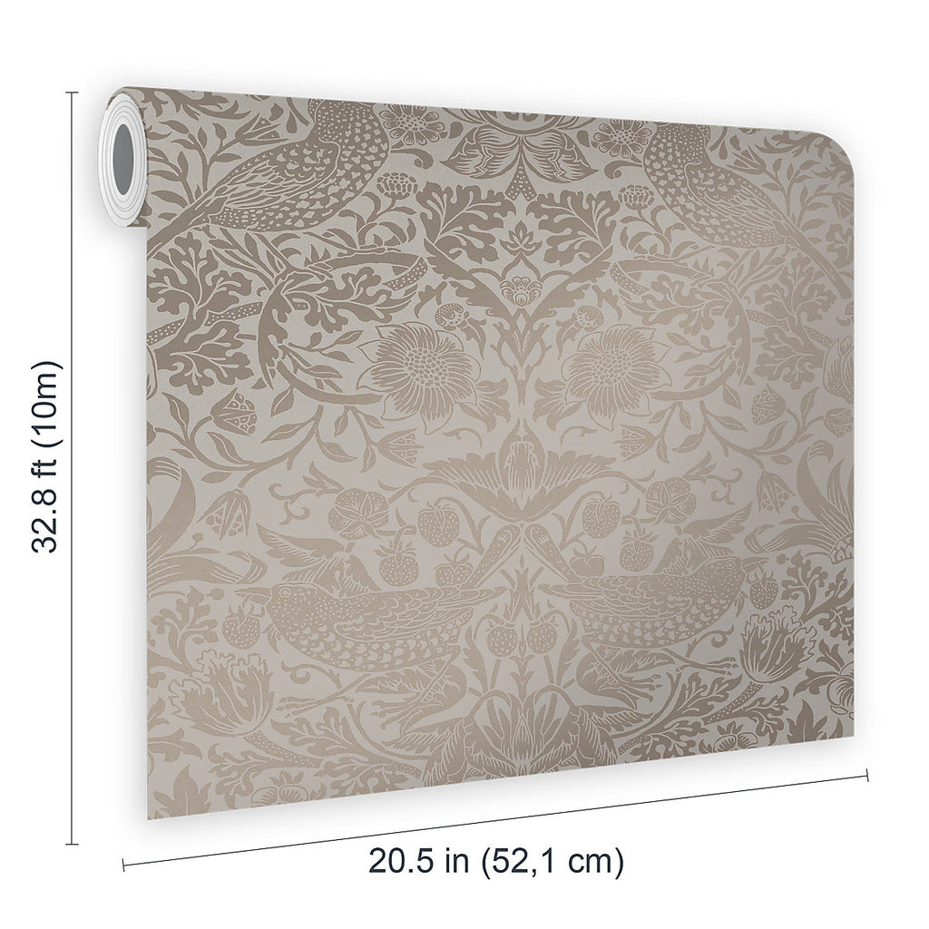 William Morris Gallery Collection Fibrous Neutral Strawberry Thief Metallic effect Smooth Wallpaper