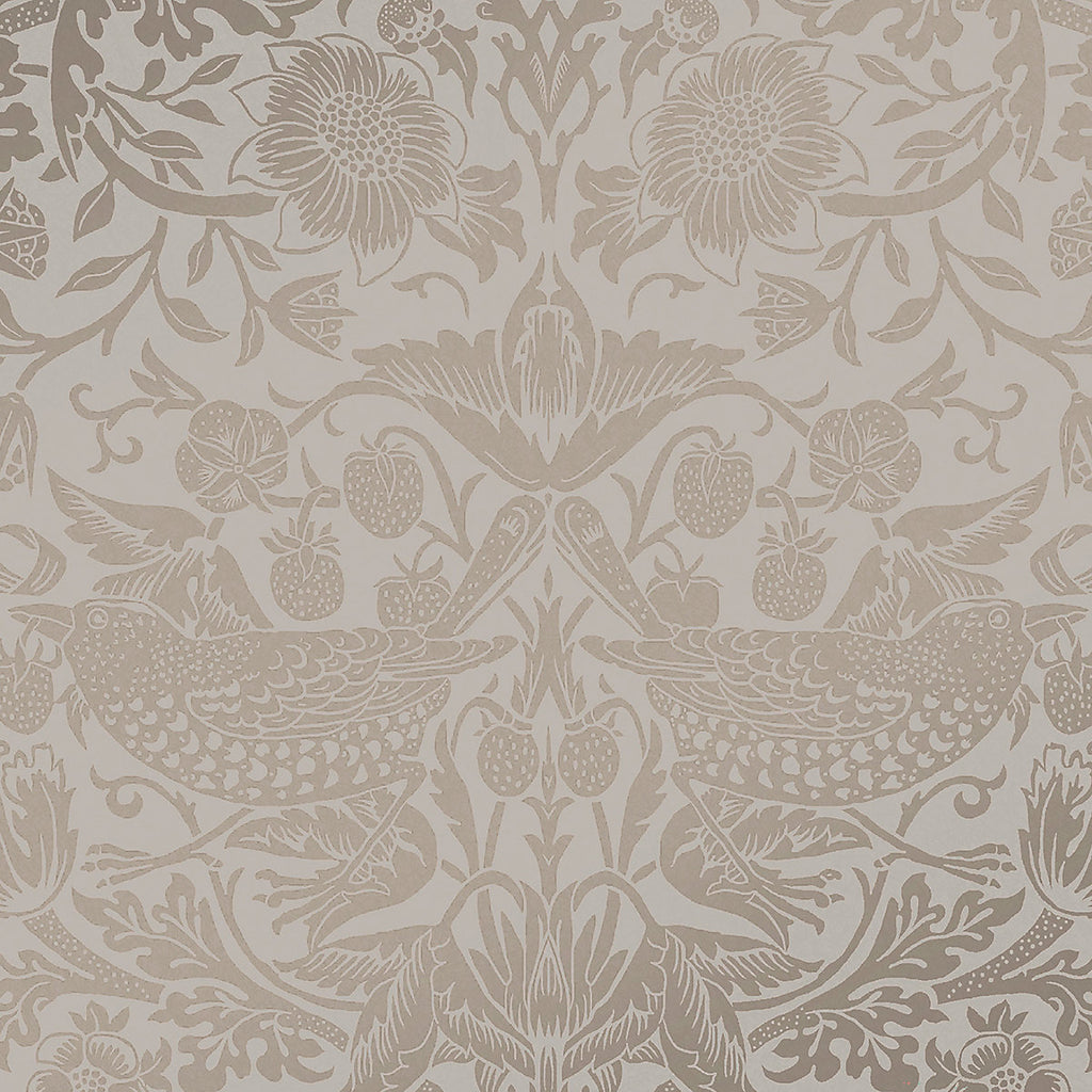 William Morris Gallery Collection Fibrous Neutral Strawberry Thief Metallic effect Smooth Wallpaper