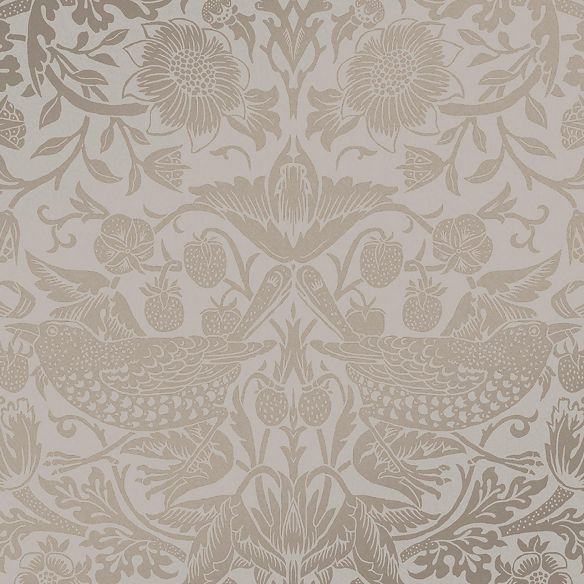 William Morris Gallery Collection Fibrous Neutral Strawberry Thief Metallic effect Smooth Wallpaper